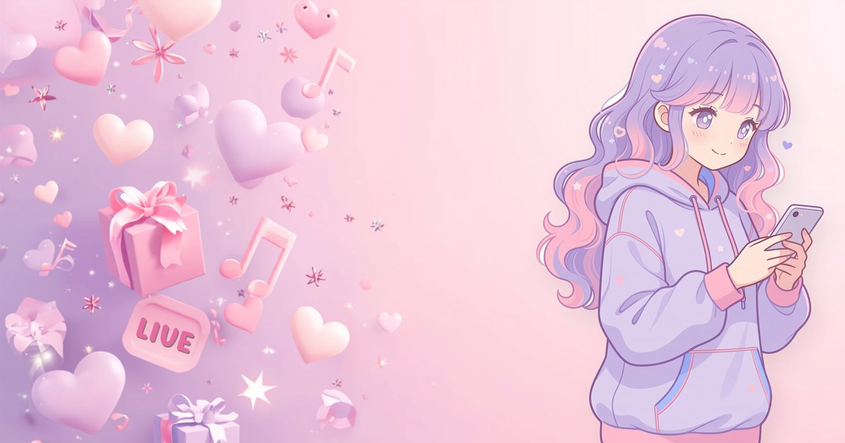 スマホでライブ配信をする女の子のイラスト